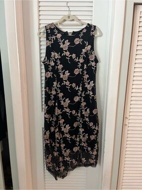 Alfani Black Dress with Blush Floral Embroidery High-Low Hem